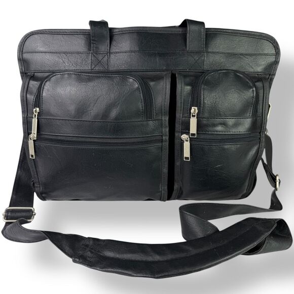 Vintage Briefcase Laptop Travel Bag Distressed Black Leather Rustic Rugged - Picture 3 of 15